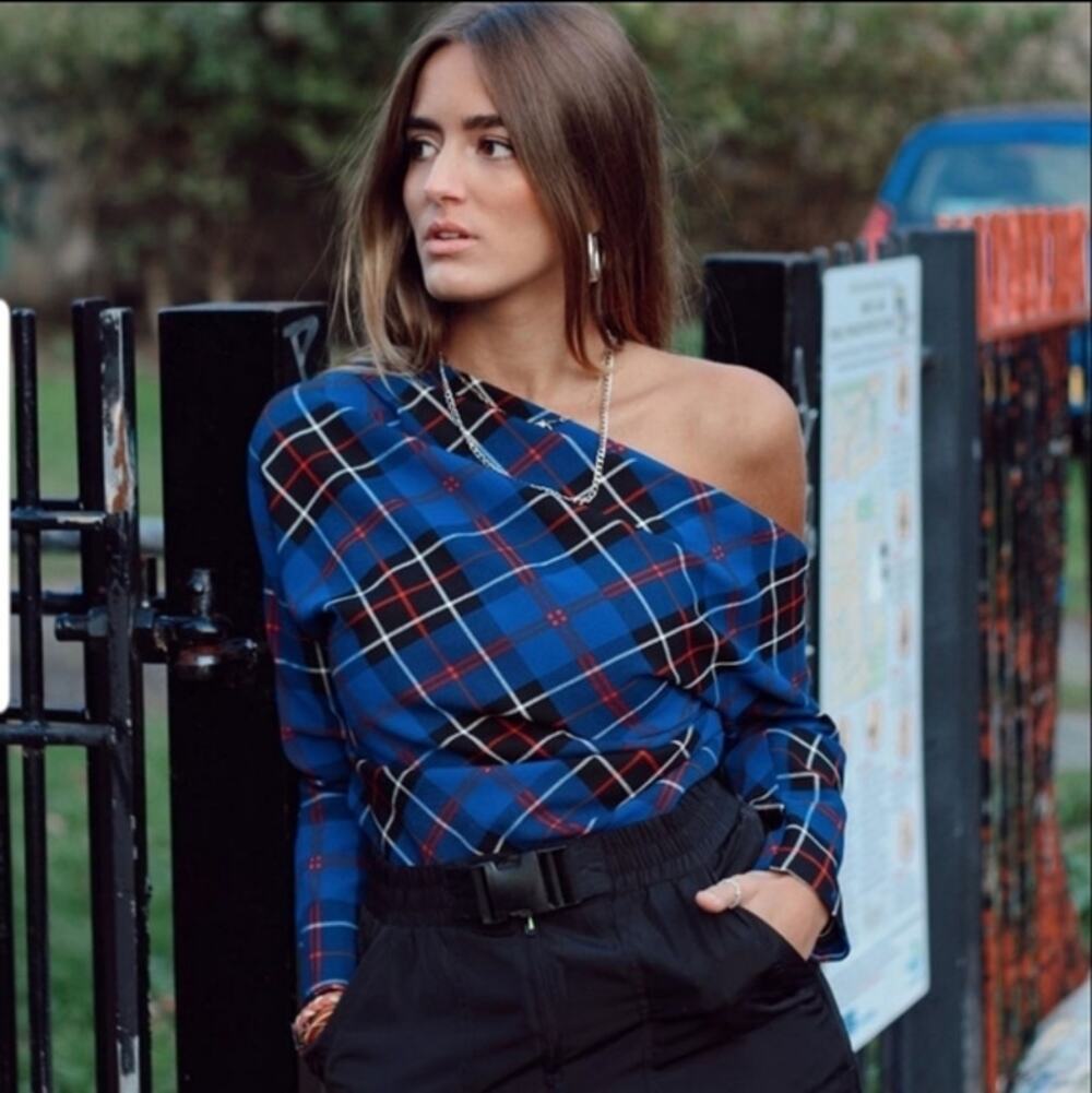 Zara Asymmetric Check Plaid Top Pleated Off The Shoulder Blouse Long Sleeve Blue